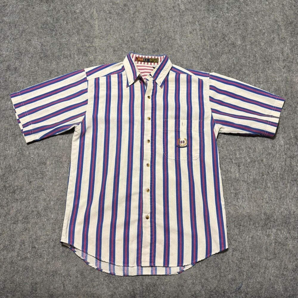 Vintage 80s 90s Bugle Boy Mens Shirt Size M Vertical Striped Embroidered Logo